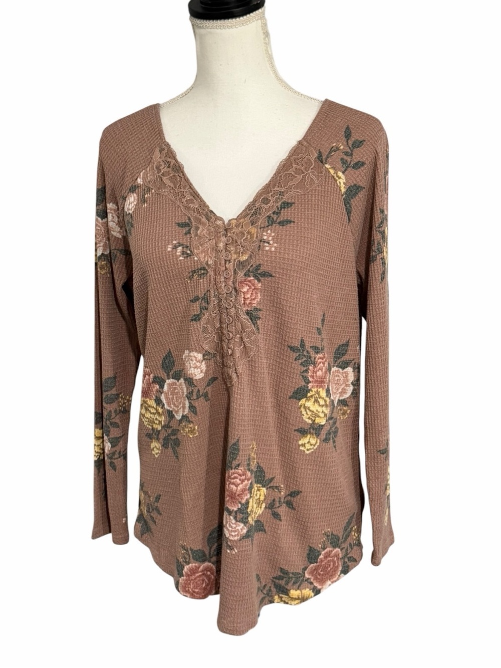 torrid Rustic Brown Floral Waffle V-Neck Long Sleeve Top